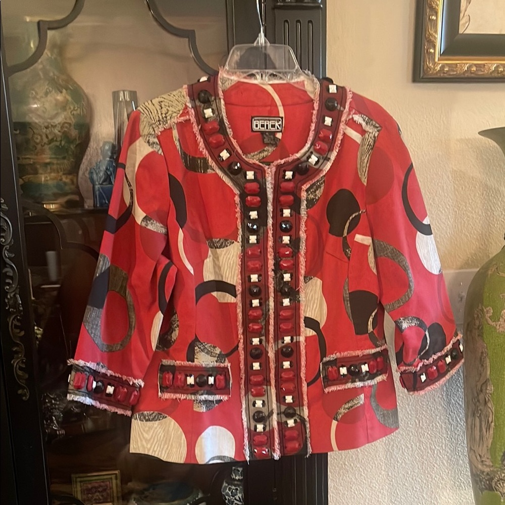Berek Red Beaded Trim Red and Black Blazer. Stunning bead work- like new!